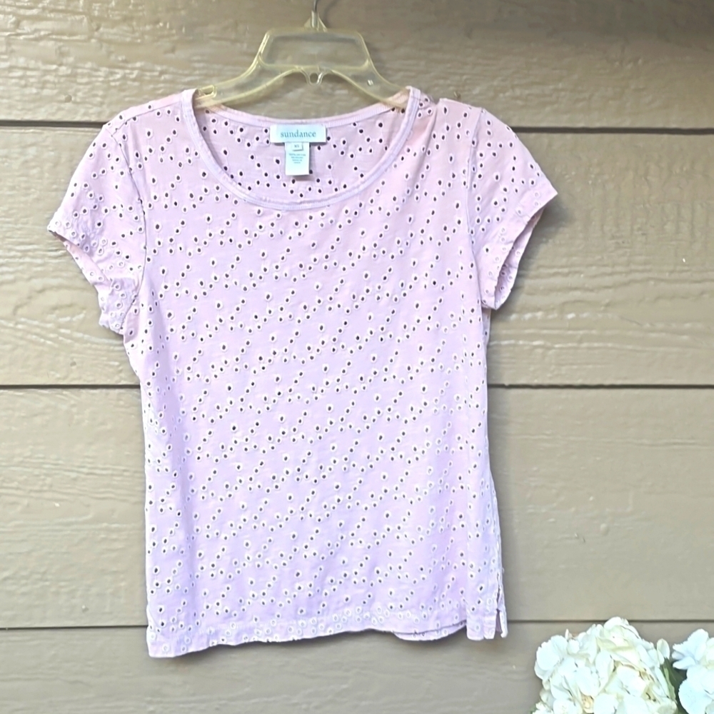 Sundance Womens Top Size XS Soft Pink Eyelet Cutout Short Sleeve Tee Shirt